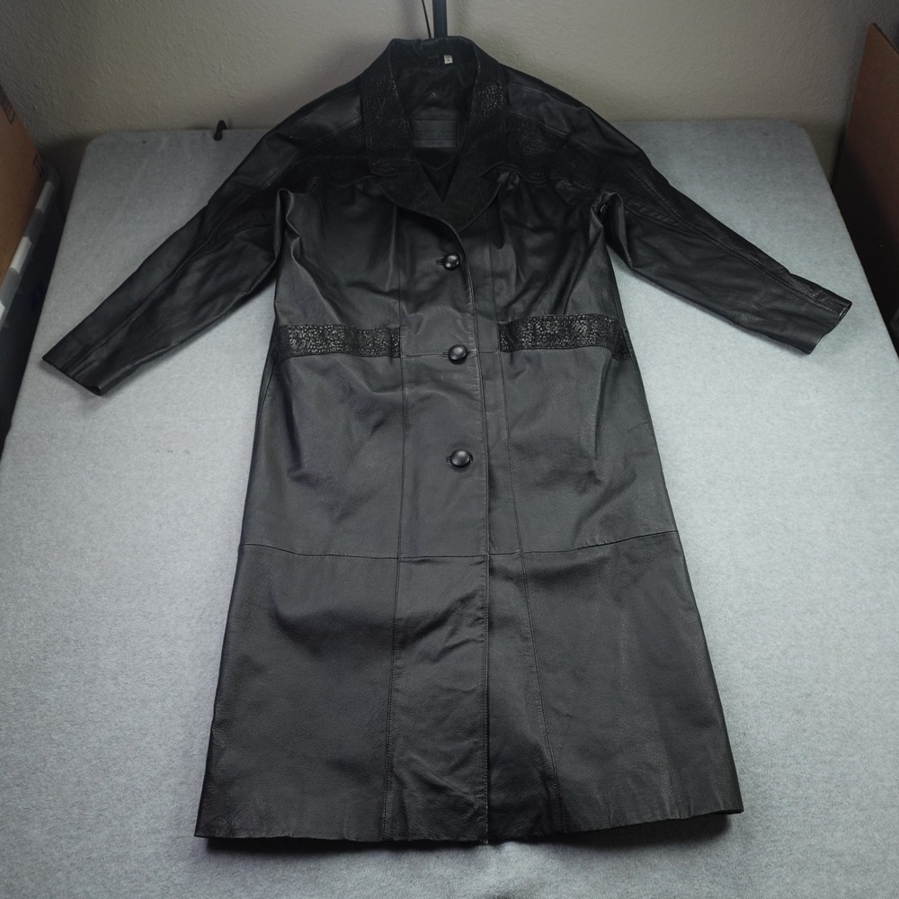 Preston & York Trench Coat Womens M Black Leather Animal Trim Long Jacket Matrix